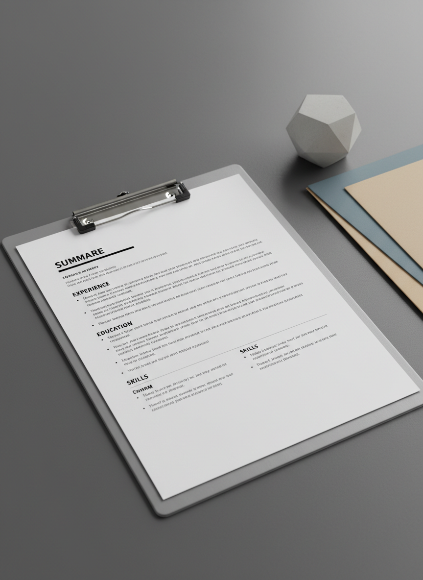 A close-up of a sleek, silver clipboard holding a perfectly aligned, printed resume on premium matte white paper, the text layout clearly structured with bold section headers and tidy spacing. The clipboard rests on a smooth charcoal-grey desk surface with a fine texture. To the side, a geometric concrete paperweight and a neatly stacked set of muted blue and sand-colored folders add visual balance. Soft overhead office lighting creates even, shadow-free illumination with subtle highlights on metallic edges. Captured from a slight top-down angle with sharp focus throughout, the composition feels precise, orderly, and professional, ideal for visually communicating a strong, polished CV presentation.