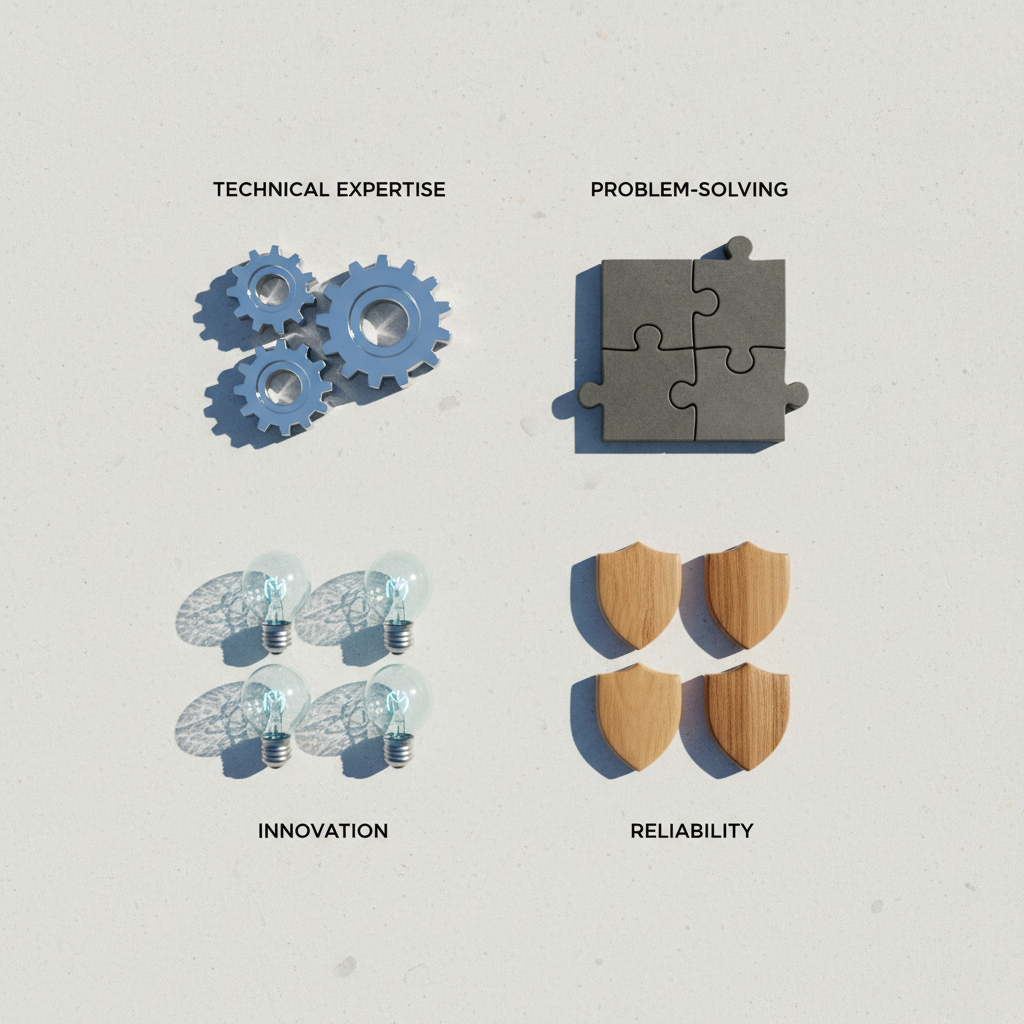An array of color-coded skill icons represented as small, meticulously designed objects: a chrome gear for technical expertise, a matte graphite puzzle piece for problem-solving, a translucent glass lightbulb for innovation, and a smooth wooden shield for reliability. These are arranged in a measured grid on a pale concrete surface with faint texture. Cool, diffused daylight creates soft, defined shadows, highlighting the distinct materials and contours of each symbol. Photographic realism with a minimalist, modern aesthetic, shot from a directly overhead bird’s-eye view for clarity and symmetry. The mood is confident and structured, visually encoding professional skills in a clean, easily understandable way for a CV skills section.